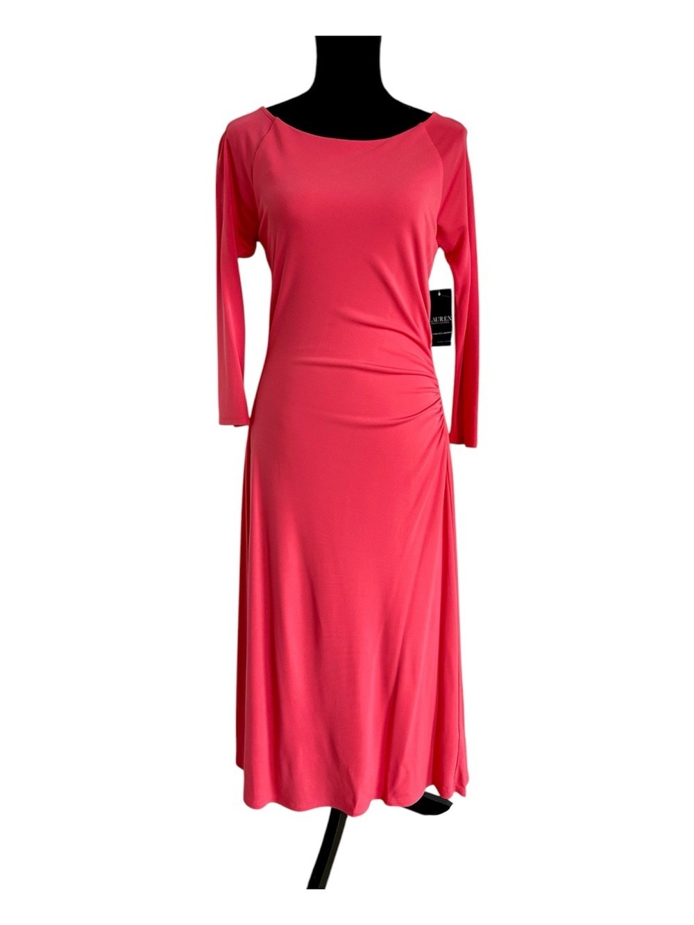 Lauren Ralph Lauren Geranium Coral Pink Ruched Stretch Jersey Fit & Flare Dress